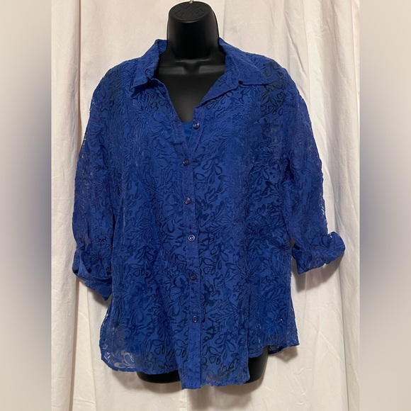Erika 2 Piece Royal Blue Tank/Lacy Top Combo Set Rolled Sleeve Womens Sz L - Picture 3 of 8